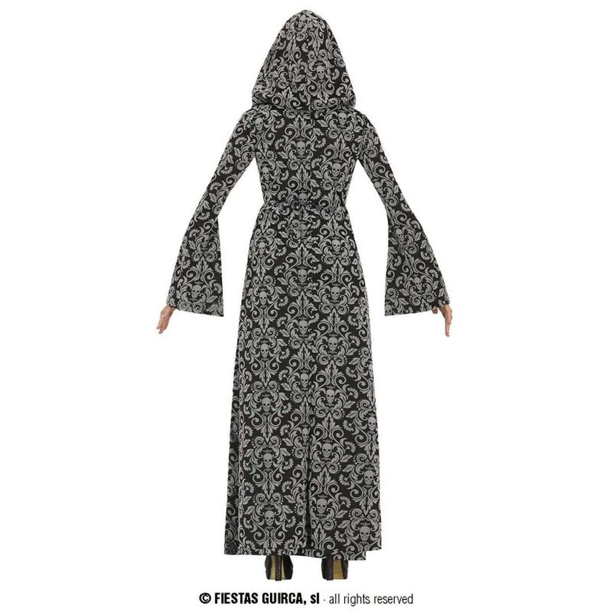 Costume strega tunica cappuccio grigio teschi donna
