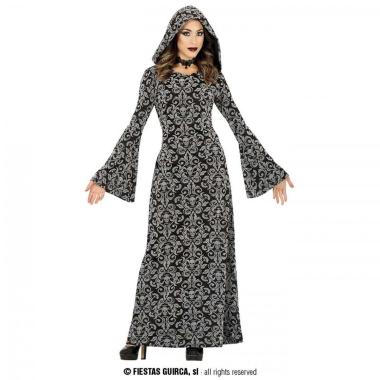 Costume strega tunica cappuccio grigio teschi donna