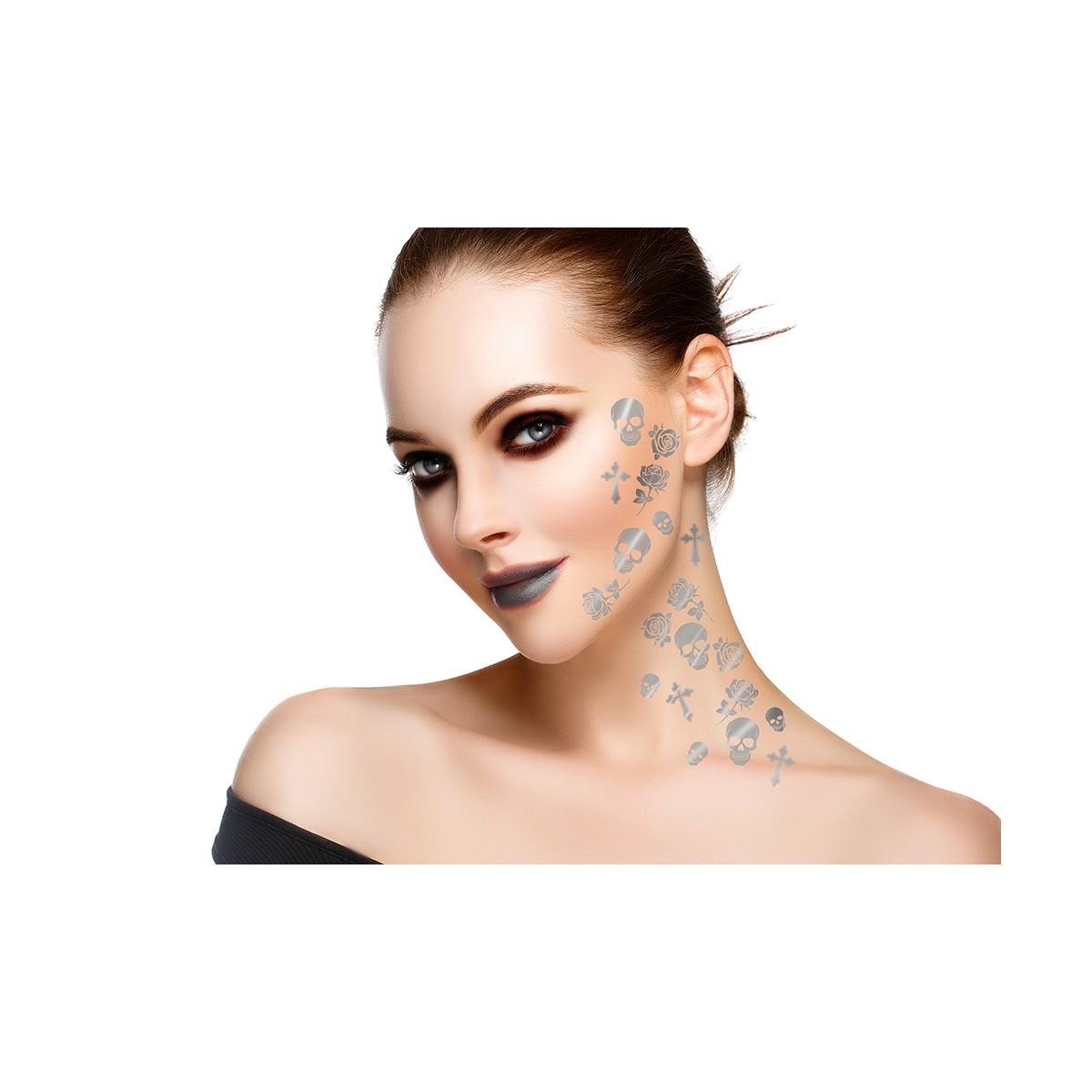 Tatuaggi viso rimovibili teschi rose croci argento