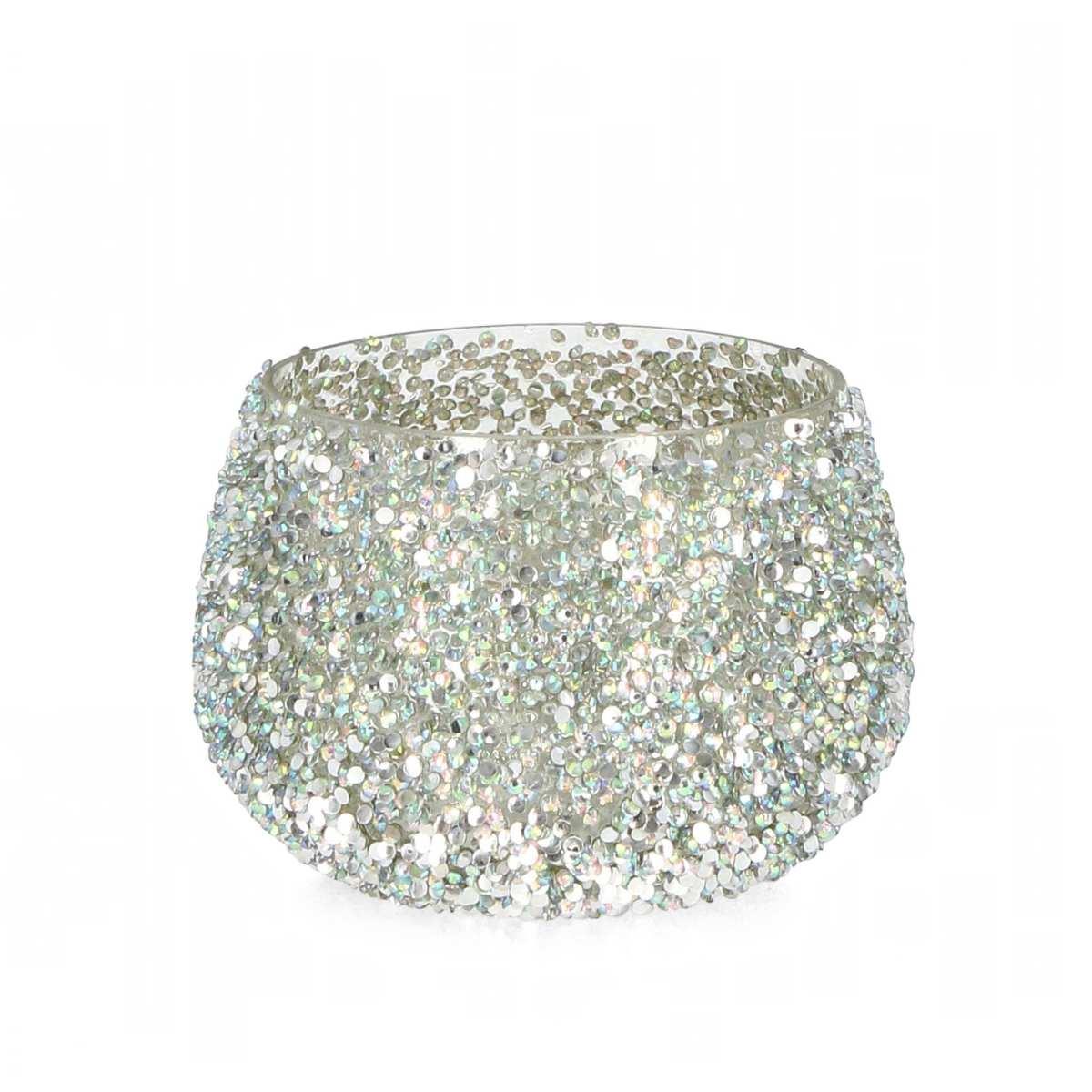 Portacandela 12 cm vetro argento glitter