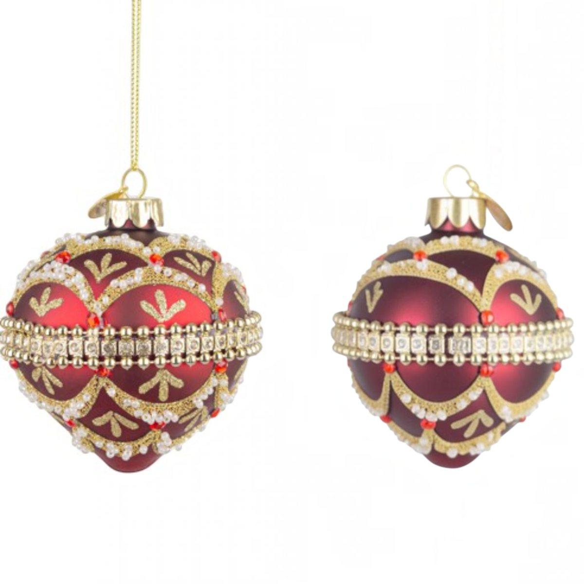 Pallina di Natale in vetro cipolla rossa glitter oro 8 cm