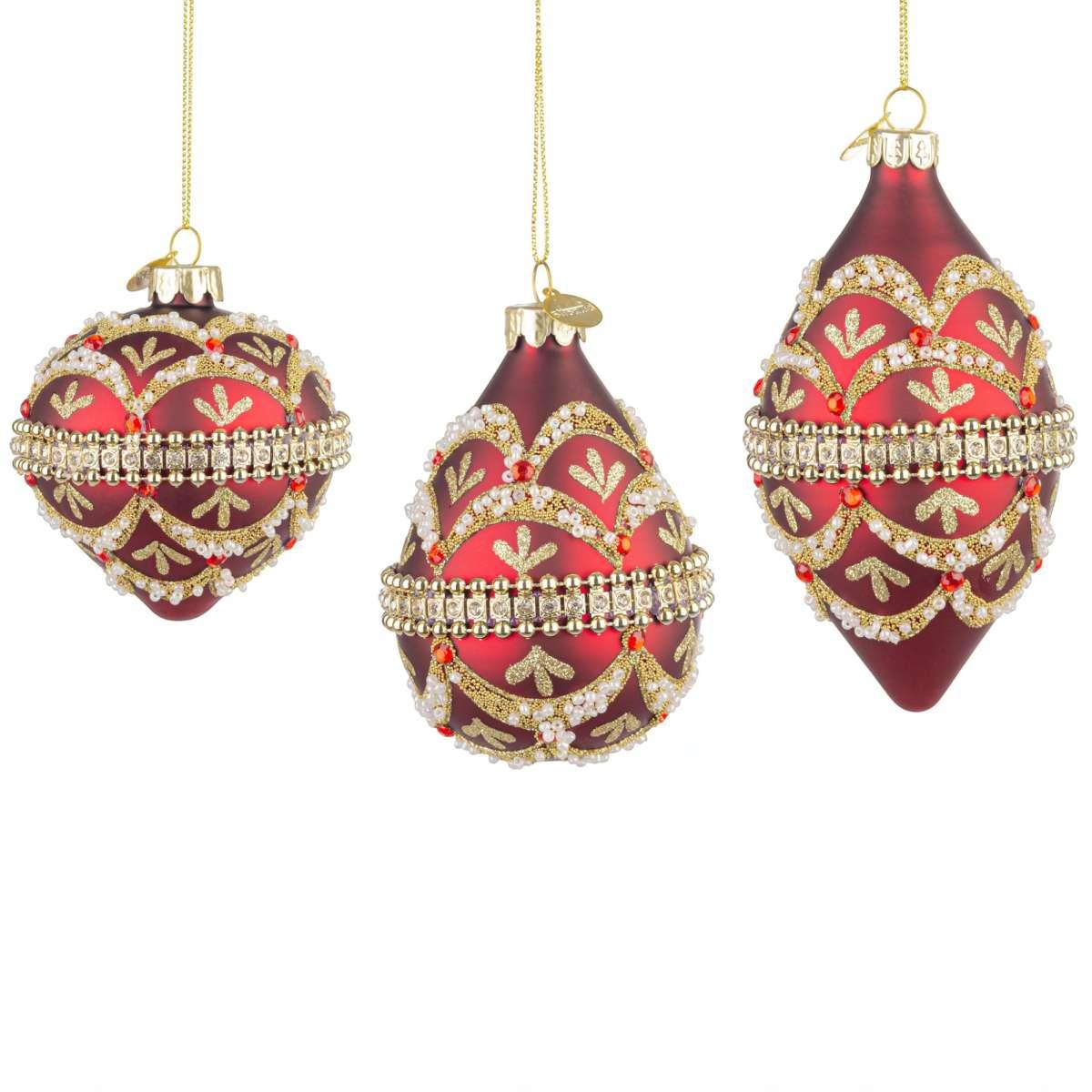 Pallina di Natale in vetro goccia rosso glitter oro 10 cm