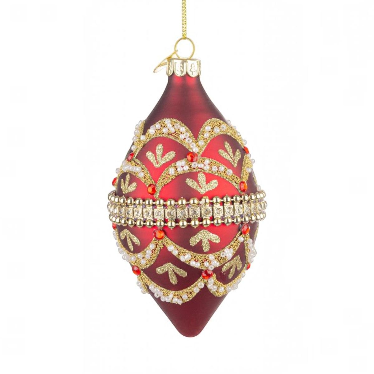 Pallina di Natale in vetro goccia rossa rossa glitter oro 13 cm