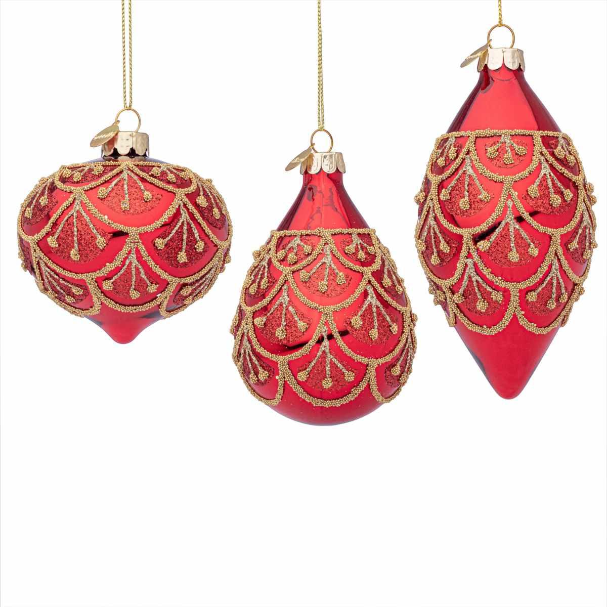 Pallina di Natale in vetro cipolla rossa glitter oro 8 cm