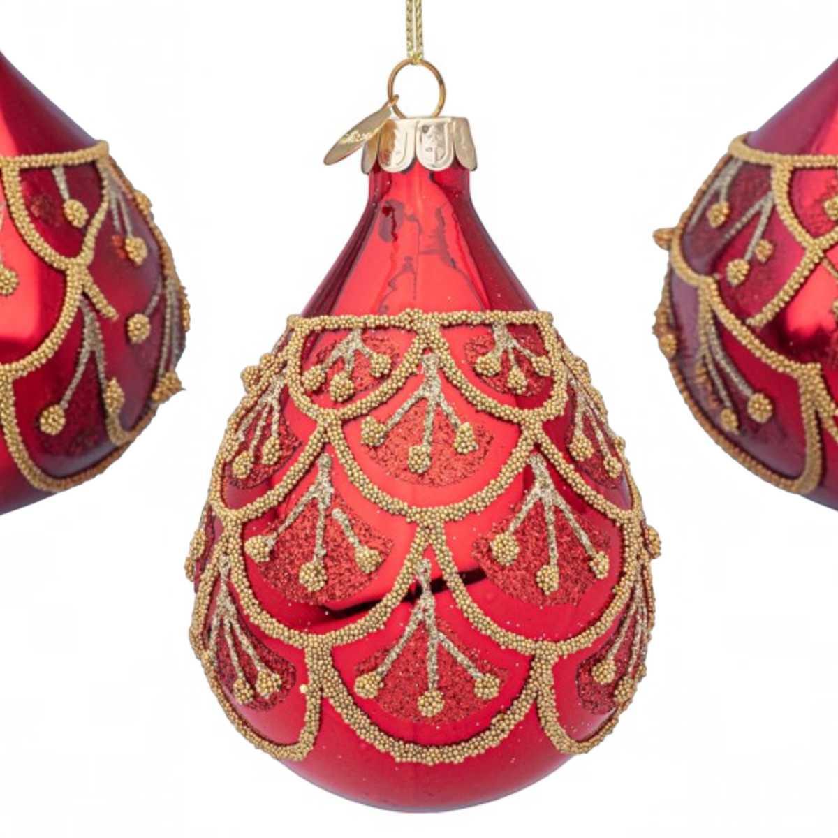 Pallina di Natale in vetro goccia rosso glitter oro 10 cm