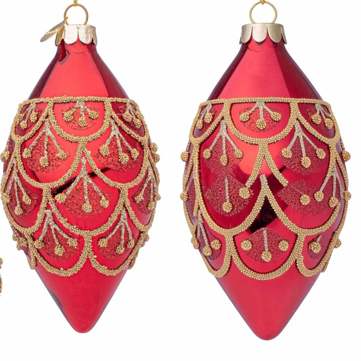 Pallina di Natale in vetro goccia rossa glitter oro 13 cm |_810C