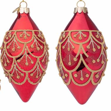 Pallina di Natale in vetro goccia rossa glitter oro 13 cm |_810C