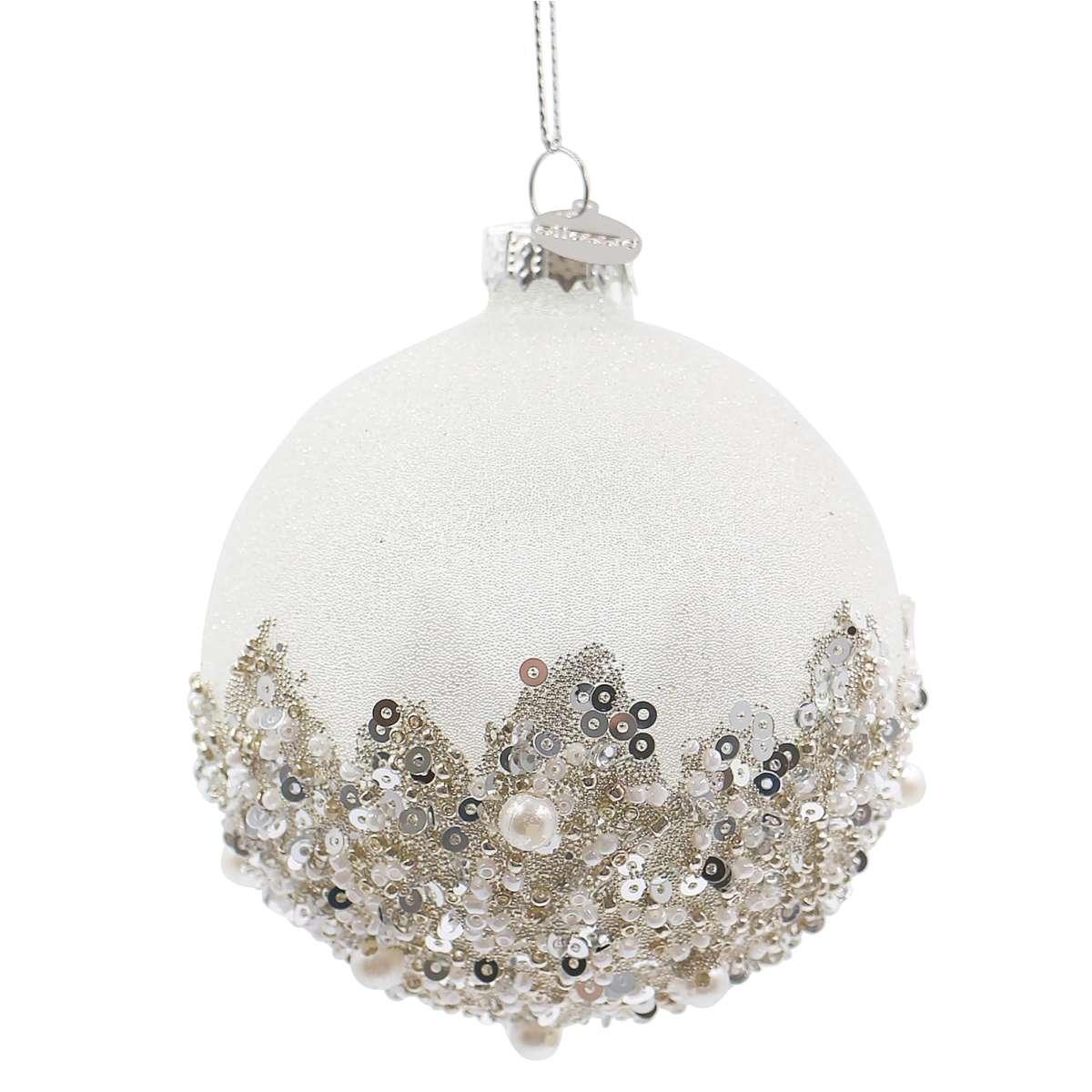 Pallina di Natale in vetro bianco opaco con perline paillettes argento 8 cm