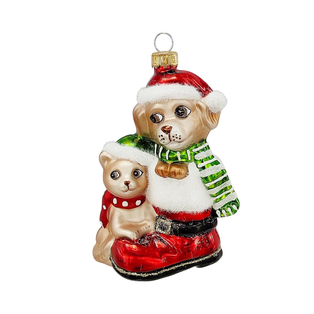 Pallina di Natale in vetro cane con gatto e stivale Natale 11 cm