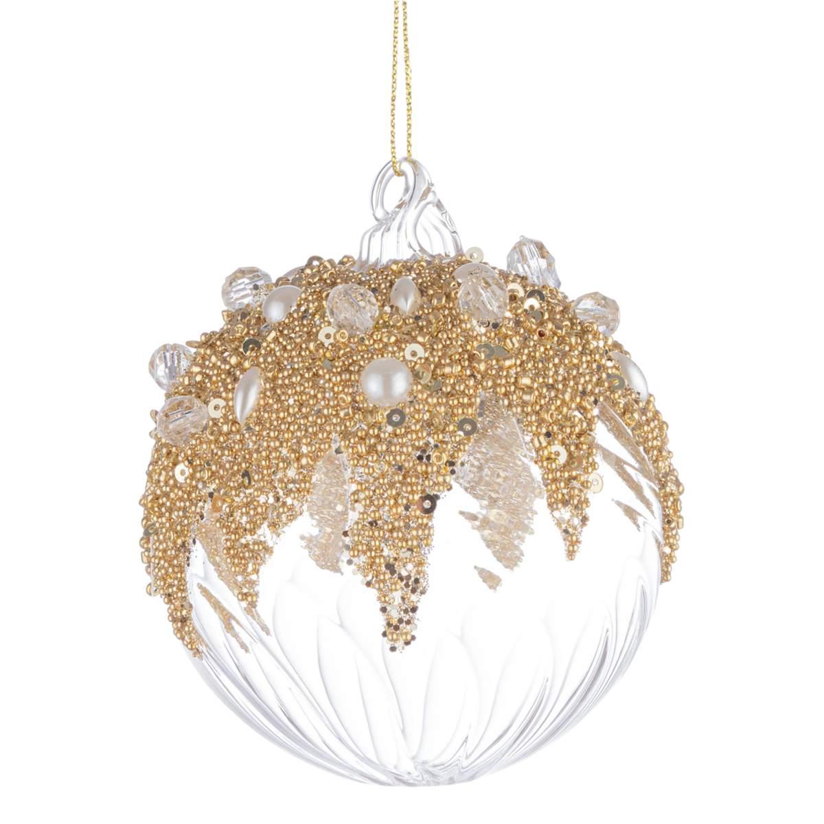 Pallina di Natale in vetro trasparente glitter oro 8 cm