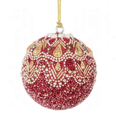 Pallina di Natale in vetro rossa perline e decori oro 8 cm