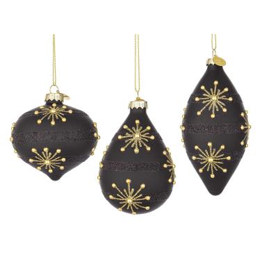 Pallina di Natale in vetro goccia nera glitter oro 10 cm