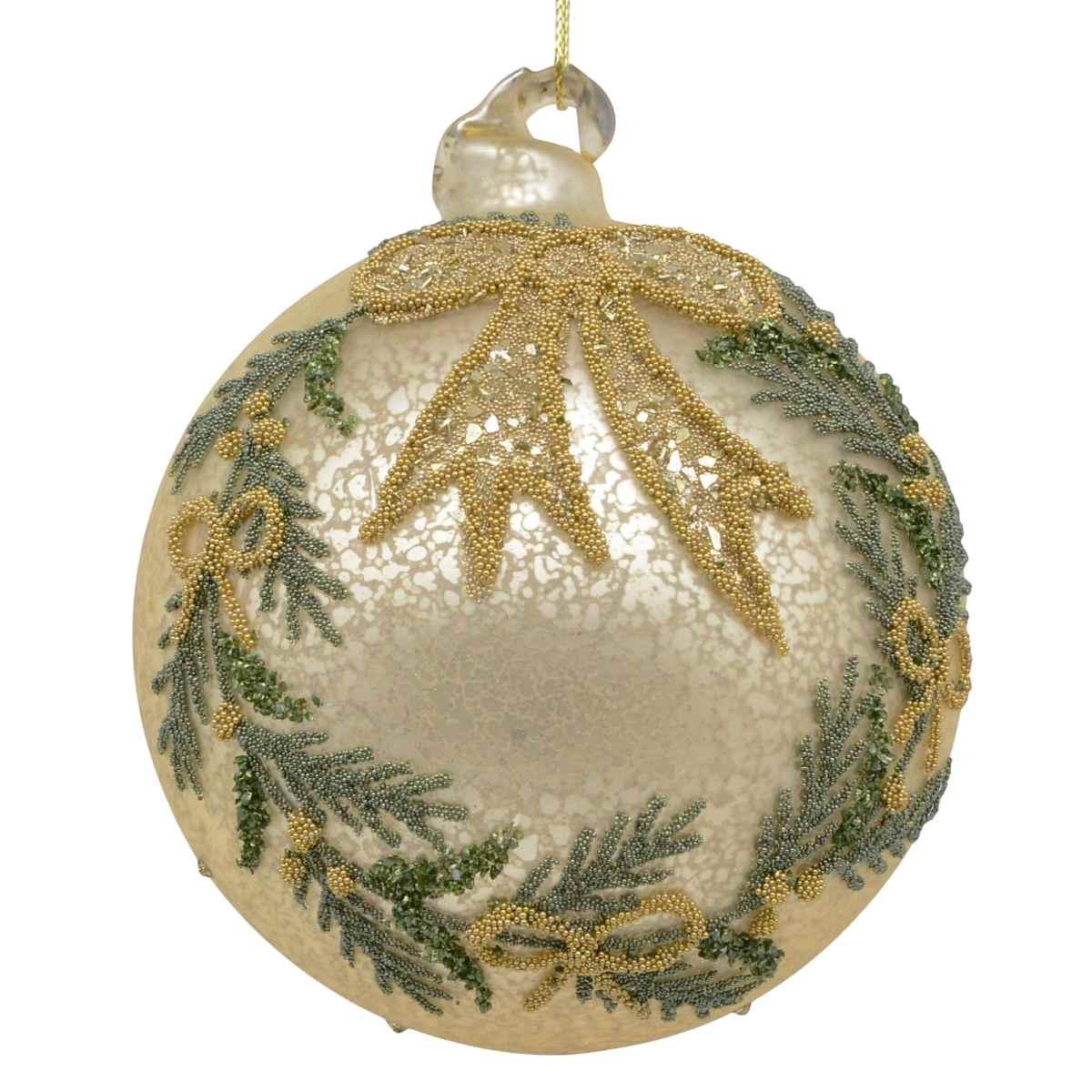 Pallina di Natale in vetro oro con decori glitter verdi 10 cm