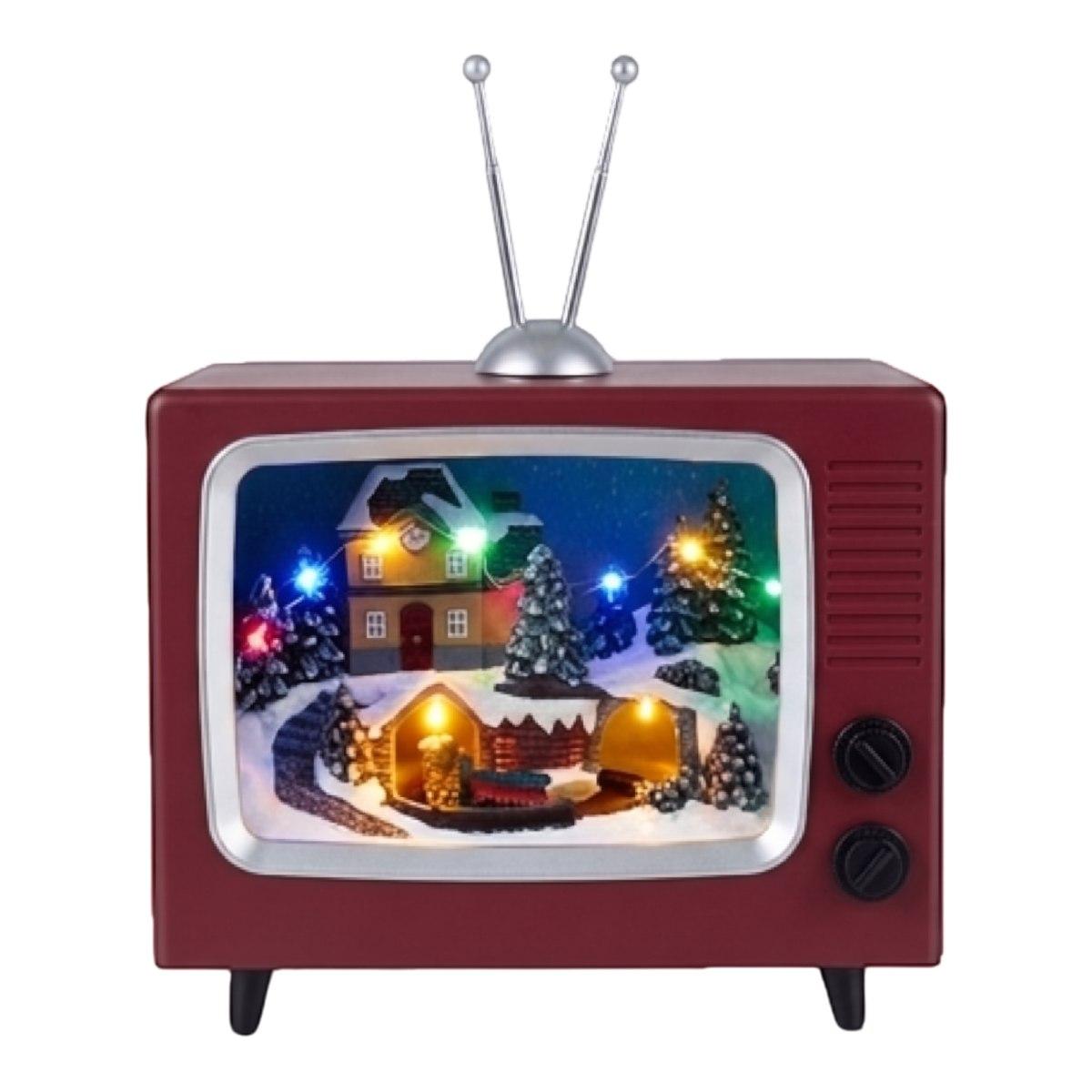 Giostra natalizia televisore con villaggio luci movimento 22 x 27 cm