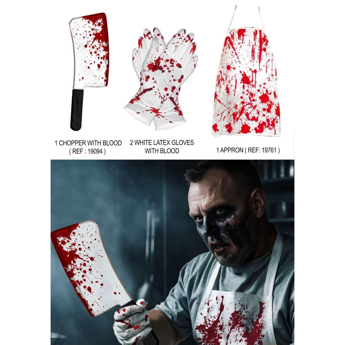 Grembiule bianco insanguinato guanti coltello Set 3 pz