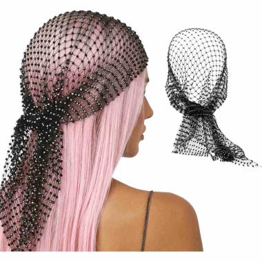 Bandana foulard rete nera con strass 100 x 16 cm