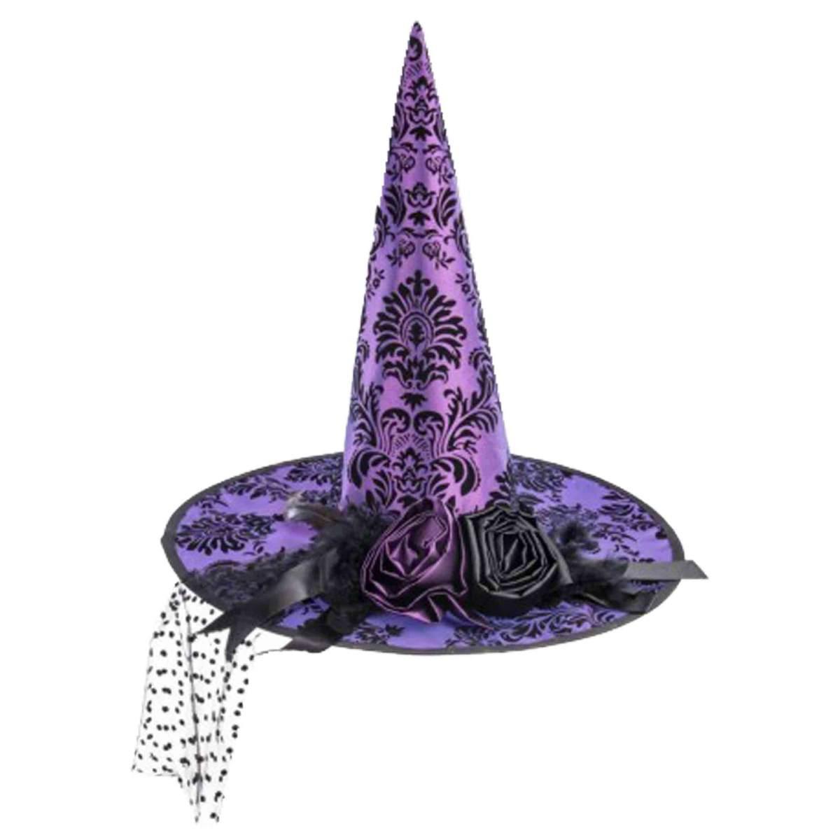 Cappello Strega Tessuto Damascato Viola Con Velo |Carnival Toys