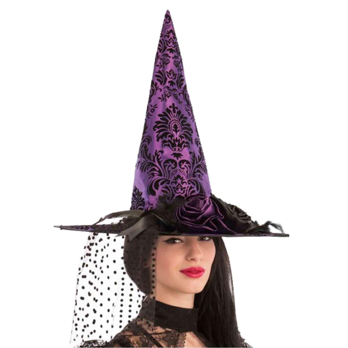 Cappello Strega Tessuto Damascato Viola Con Velo |Carnival Toys