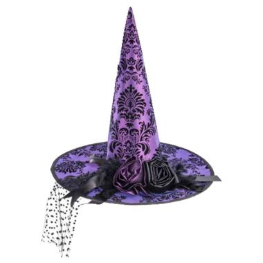Cappello Strega Tessuto Damascato Viola Con Velo |Carnival Toys