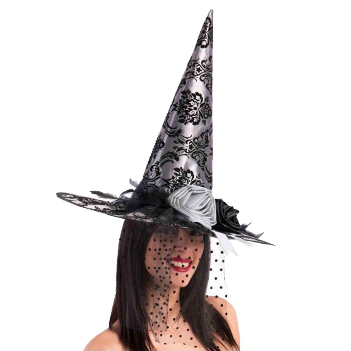 Cappello Strega Tessuto Damascato Grigio Con Velo |Carnival Toys