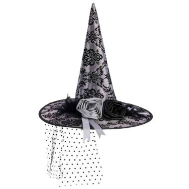 Cappello Strega Tessuto Damascato Grigio Con Velo |Carnival Toys