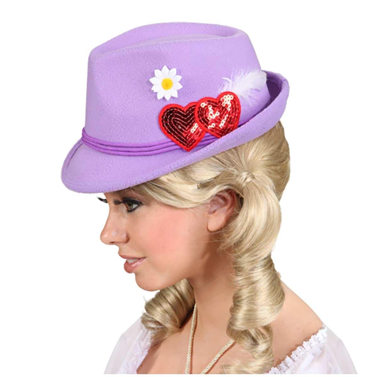 Cappello Bavarese Tirolese Feltro Viola Con Cuori E Piume |Orlob