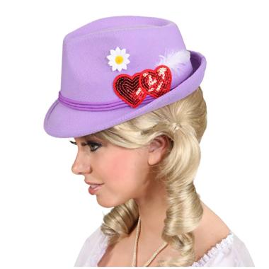 Cappello Bavarese Tirolese Feltro Viola Con Cuori E Piume |Orlob