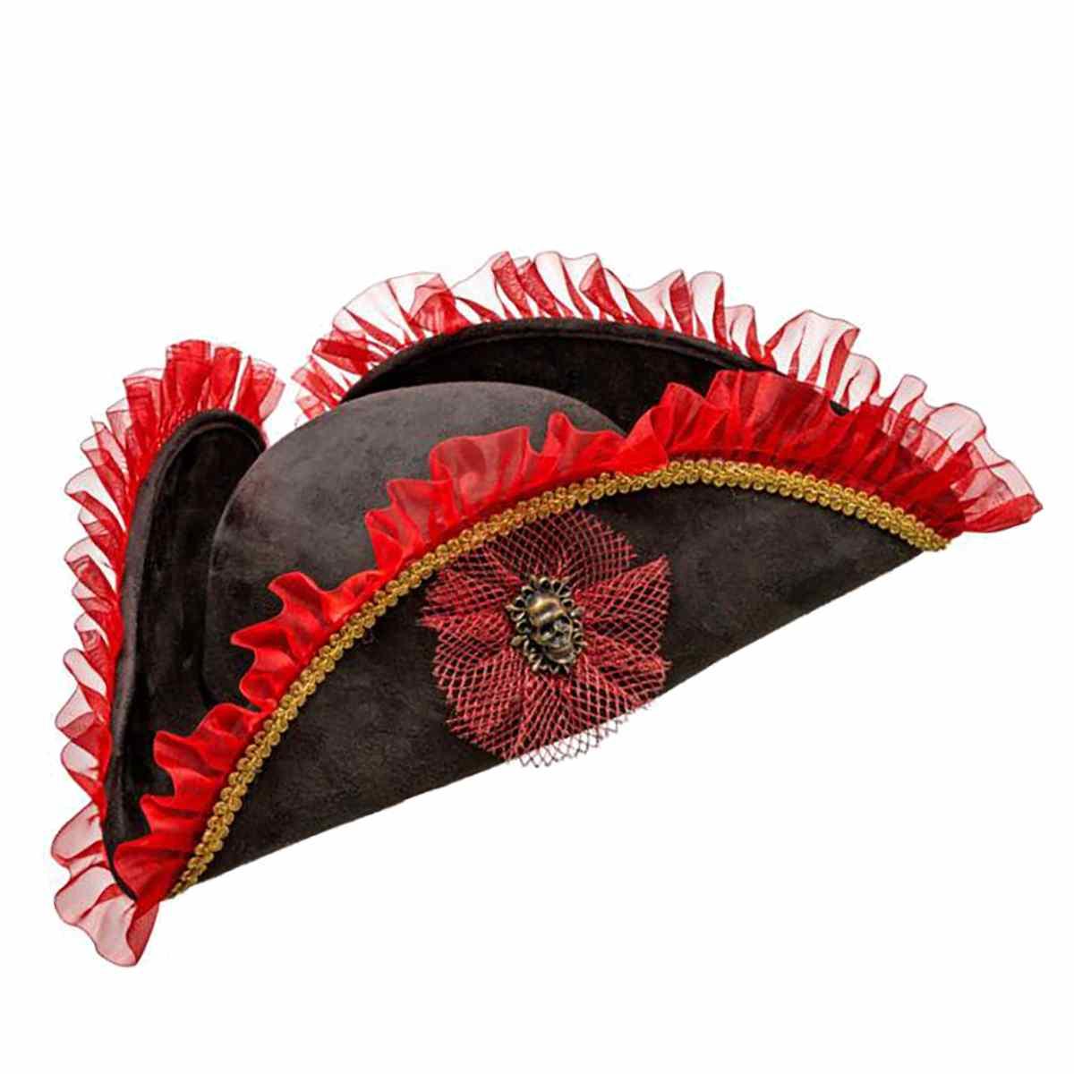 Cappello Pirata Tricorno Nero Con Tulle Rosso E Teschio |Orlob