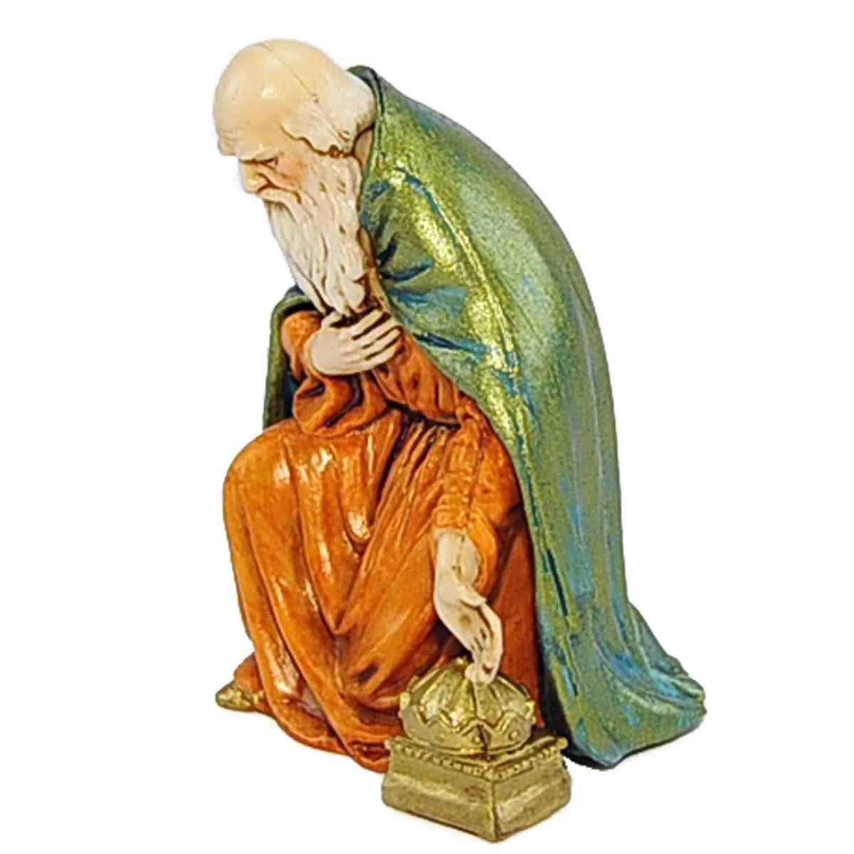 Statua cm.12 Re Magio Gaspare in Ginocchio con Mantello Verde | Moranduzzo