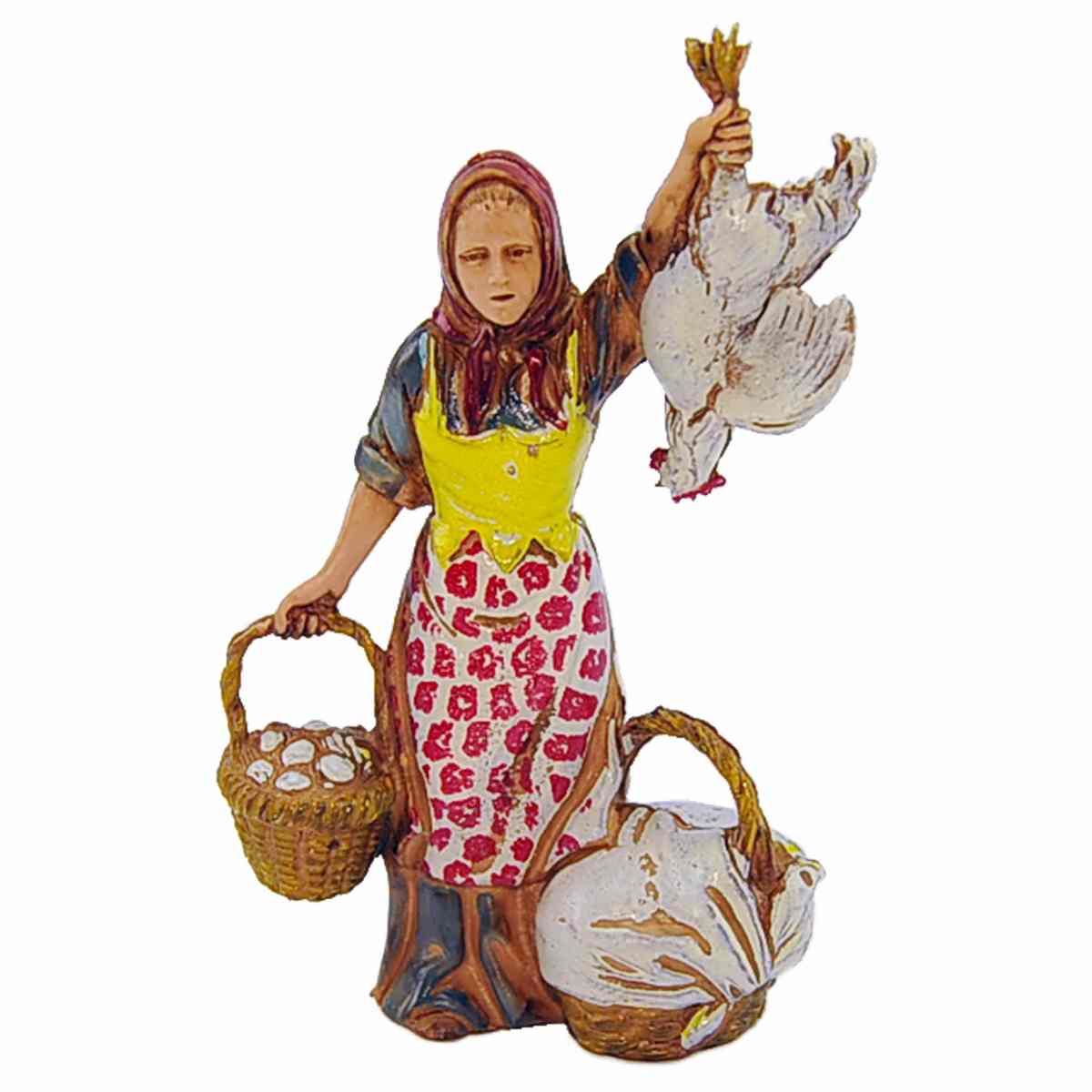 Statua presepe 10 cm donna pollivendola con ceste e pollo