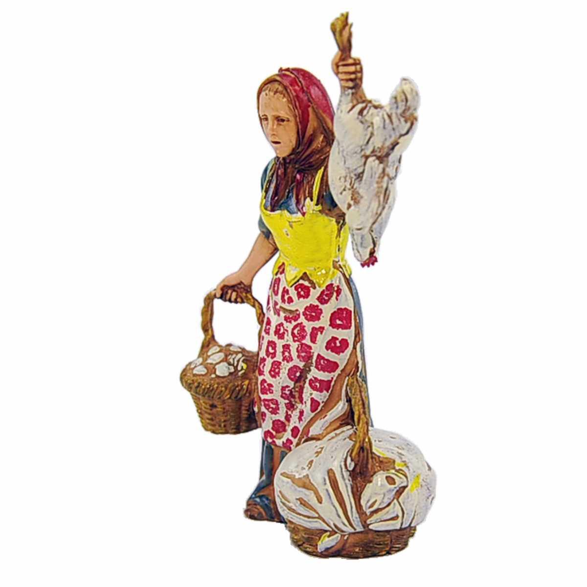 Statua presepe 10 cm donna pollivendola con ceste e pollo
