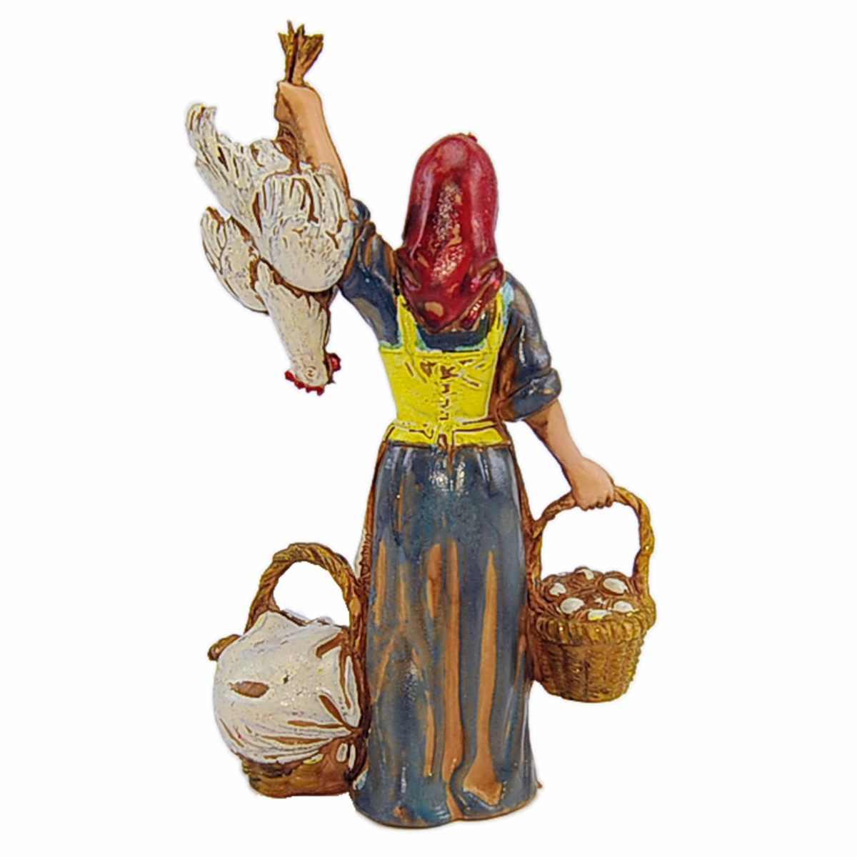 Statua presepe 10 cm donna pollivendola con ceste e pollo