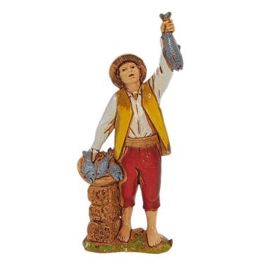 Statua presepe 8 cm pescivendolo con cesta di pesce