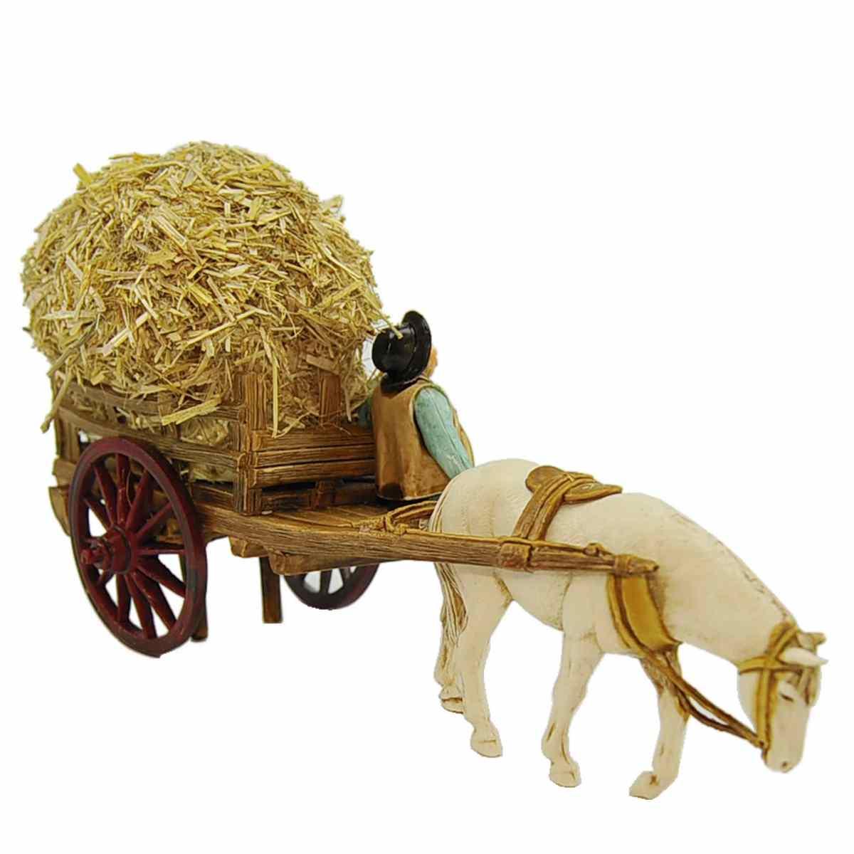 Statua presepe 10 cm uomo con carro cavallo fieno
